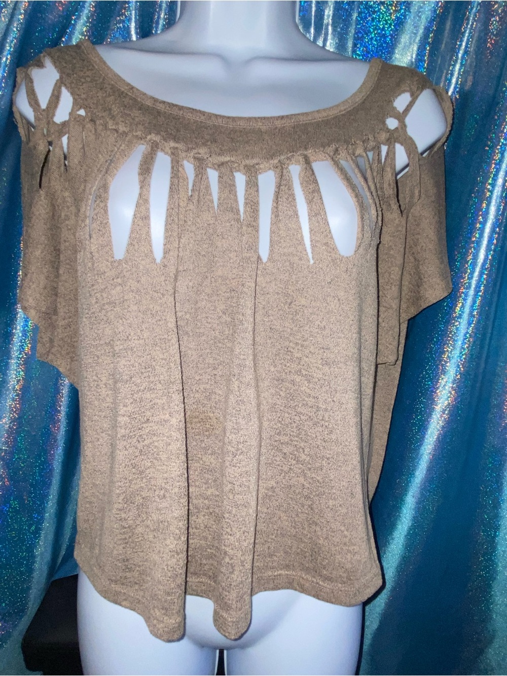 579 Rustic Beige Cutout Off-the-Shoulder Women's Sweater